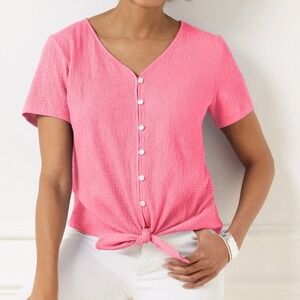 Talbots Pink‎ Textured Tie Front Button Top Sz XL Summer Beachy Lightweight